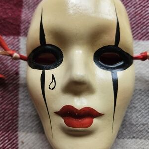 2 - Hand-Painted Decorative Masks with Red Lips and Black Tear Design